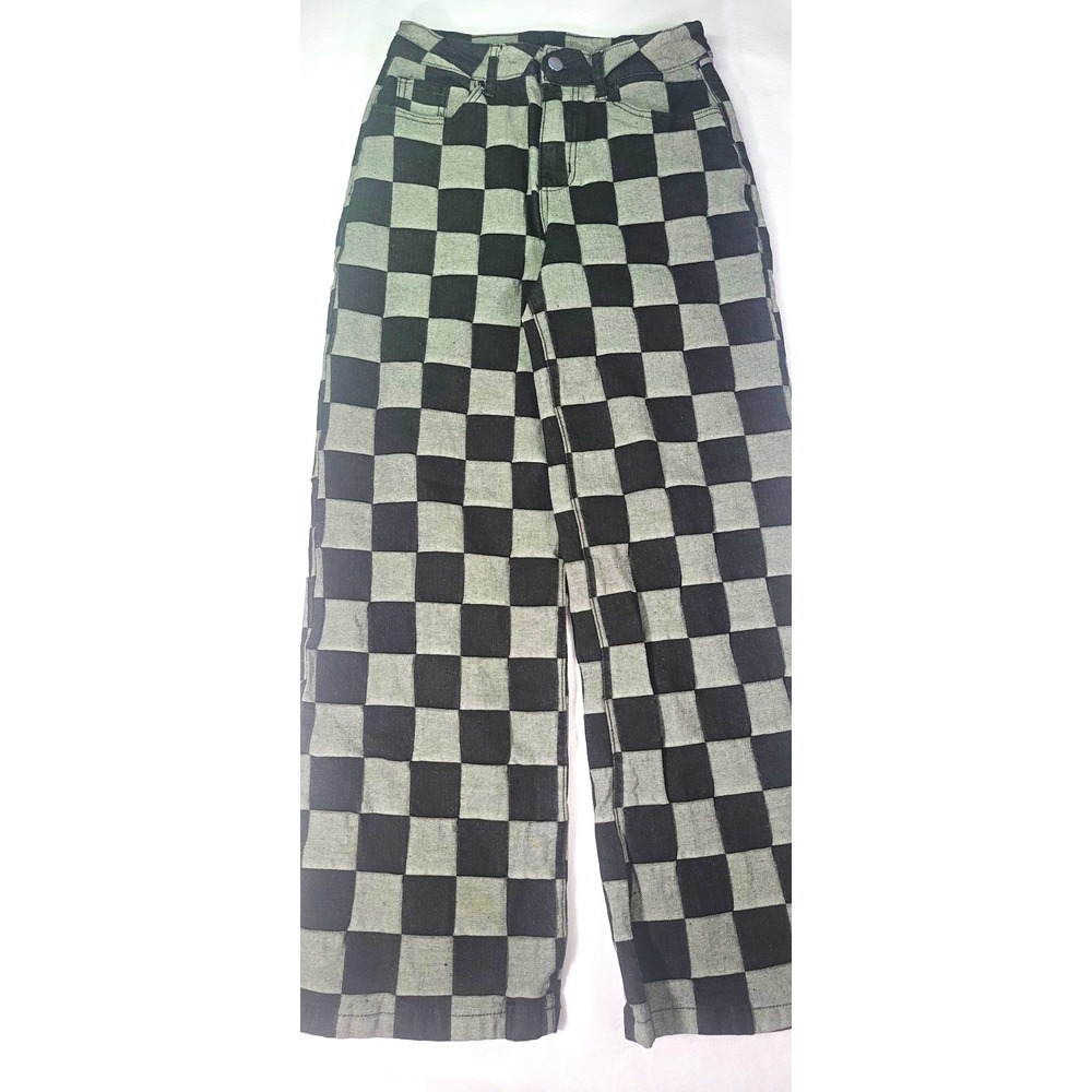 Sidefeel Women's Check Denim Wide-Leg Pants w/ Pockets Black Gray Size 4 Trendy